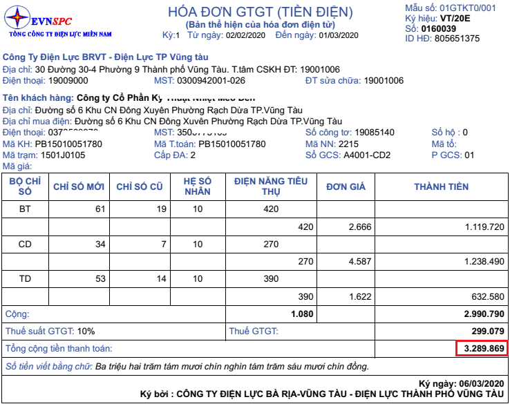 hoa don dien sau khi lap dmt